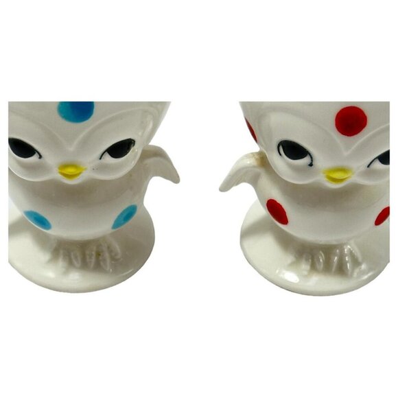 Chick Anthropomorphic Bird Egg Cup Polka Dot Lot 2 White Blue Red Vintage 60s - Picture 10 of 10